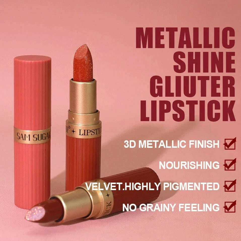 Pearlescent Pink Glitter Velvet Lipstick Metallic Waterproof Long Lasting Matte Shimmer Diamond Lipstick Women Makeup Cosmetic
