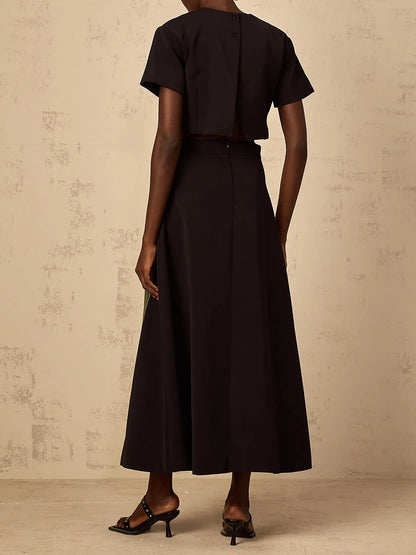 VGH Spliced Appliques Two Piece Set for Women O Neck Short Sleeve Top High Waist A Line Temperament Skirt Outfits Female Fashion