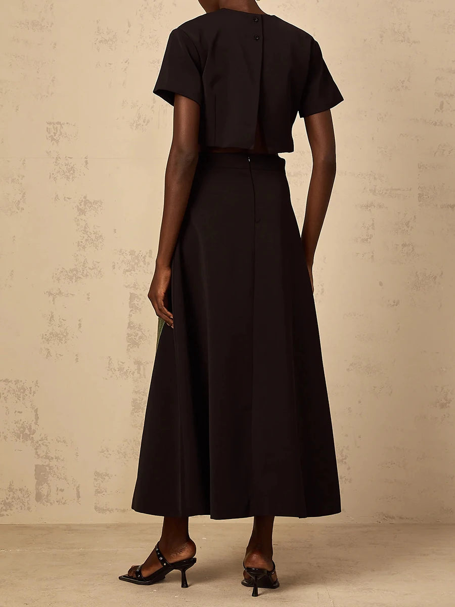 VGH Spliced Appliques Two Piece Set for Women O Neck Short Sleeve Top High Waist A Line Temperament Skirt Outfits Female Fashion