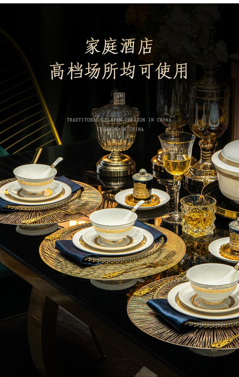 Fine Bone China Dinnerware Sets Home Kitchen Luxury Guests Wedding Tableware Set Gold Plates Jogo De Jantar Dinnerware Sets