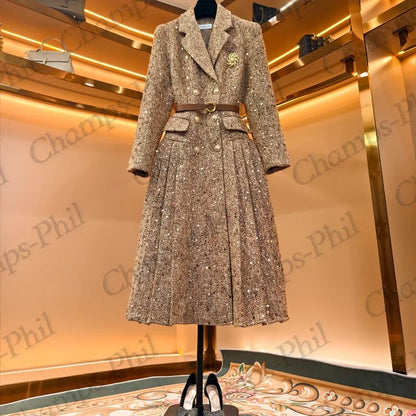 Shiny Sequins Refinement Original Light Luxury Designer Elegant Temperament Slim Fashion Waist Dress Temperament Commuting Coat