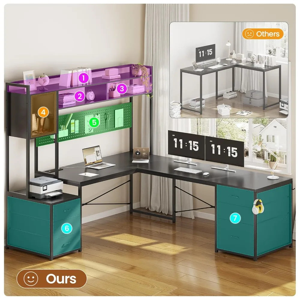L Shaped Gaming Desk with Drawers, Reversible Computer Corner Desk with File Drawer, Hutch, Storage Shelves for，Customized - Kimlud