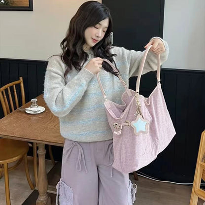 Y2K BadBlue Embroidered Leopard Print Tote Bag Large Capacity Shoulder Bag with Star Mirror Pendant Korean Trendy Women...