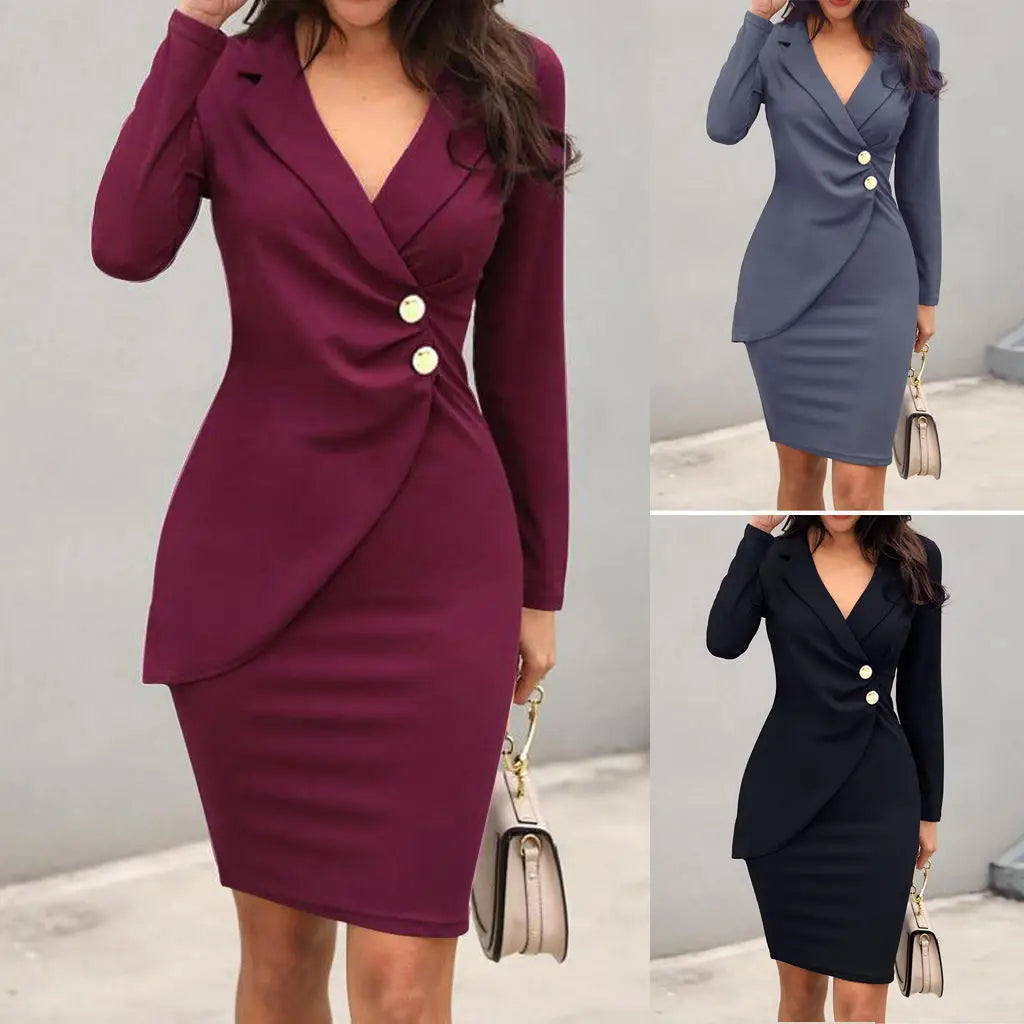Sexy Lapel Long Sleeve Dress For Women Autumn Fashion Solid Color Button Slim Irregular Office Lady Package Hip Dresses...