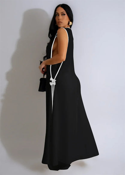 Bow Tie Appliques V-neck Sleeveless Long Top and Wide Leg Pants Matching Sets Women Two Piece Set Elegant Vintage Club Outfits - Kimlud
