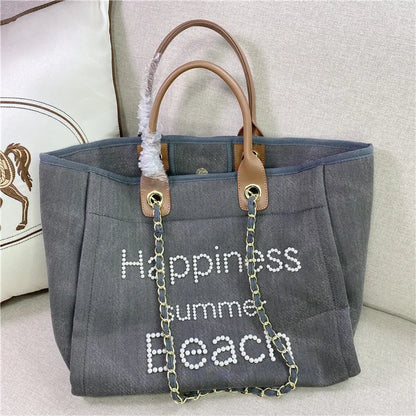 New Women Tote Bag Fashion Canvas Large Handbag Chains Genuine Leather Shoulder Bags Ladies Big Messenger Bag Shopping Bag