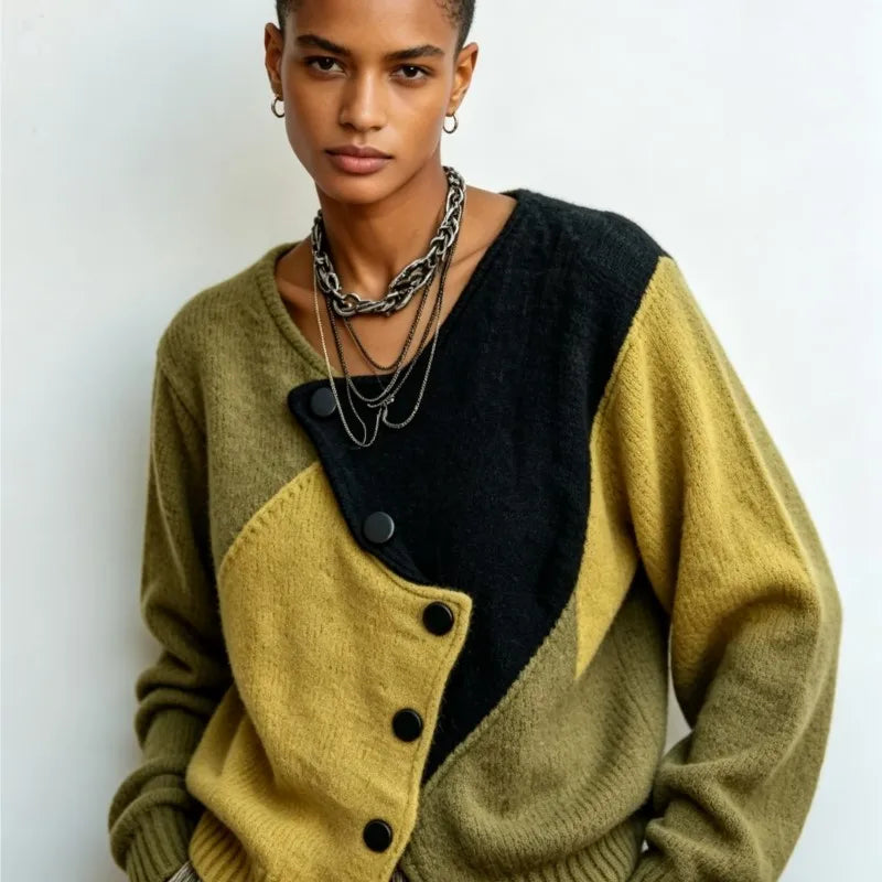 Women Patchwork Knit Cardigan Asymmetric Button Long Sleeve Loose Sweater Coat Retro Casual Autumn Winter Female...