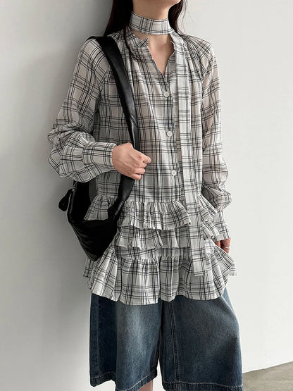 [EAM] Women Black Plaid Ruffles Big Size Elegant Blouse New V-neck Long Sleeve Shirt Fashion Tide Spring Autumn 2026...
