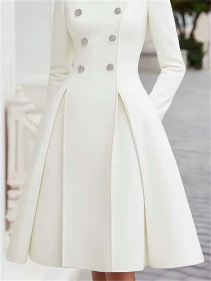 2026 New Women's Elegant White Evening Coat Dress High Neck Double Breasted Long Sleeves Urban Formal Office A-line...