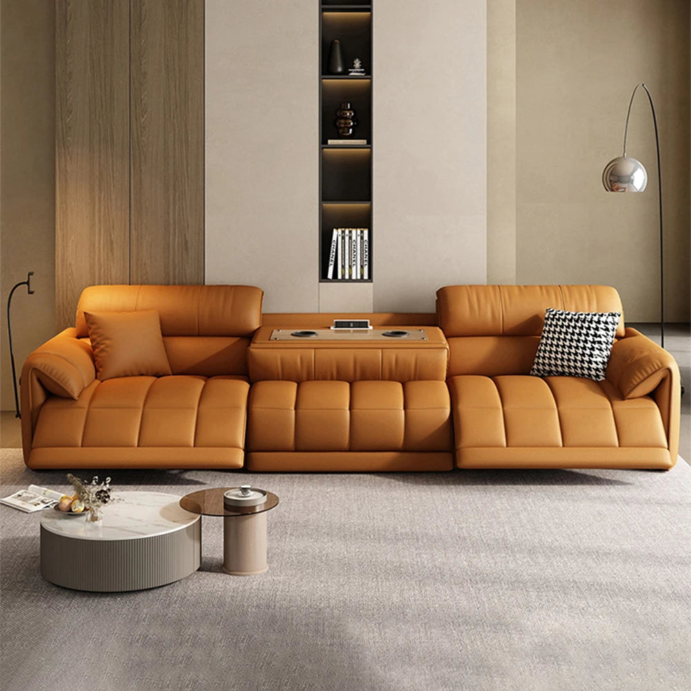 Modern Electric Reclining Sofa with Adjustable Footrest, USB, and Foldable Center Console – Italian Genuine Leather Power Sofa