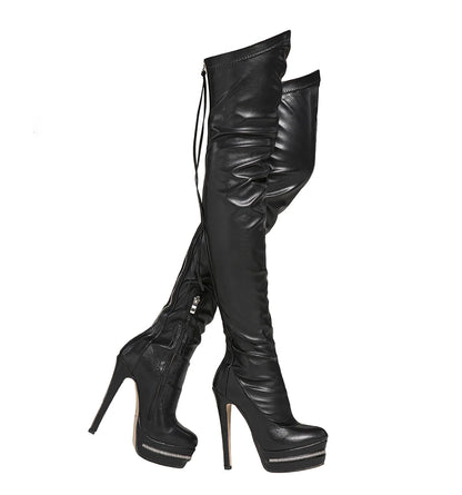 Sexy Women Elegant Pointed Toe Over The Knee High Boots Slim Stiletto Heels Platform Zipper Thigh High Party Evening Dress Shoes