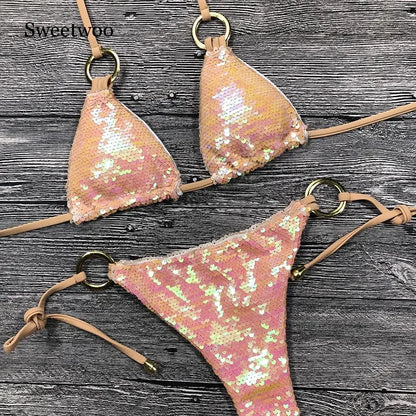 Solid Bikini Sexy Swimsuit Halter Swimwear Bathing Suit Women Bling Sequin Bikini Set Beach Wear Dropshipping Monokini...