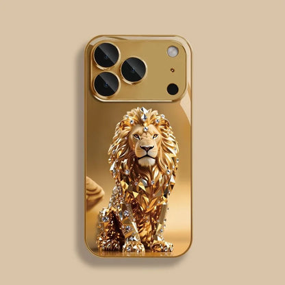 Crystal Gold Lion Pattern Gold Metallic Paint Glass Phone Case For iPhone 17 11 12 13 14 15 16 Pro Max 15 Plus 17Air 16E Cover