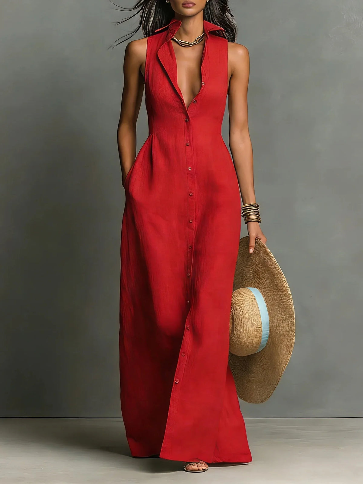 Women Maxi Dress Sleeveless Lapel Collar Button Down Shirt Dress With Pockets Deep V Neck Summer Beach Vacation Long Sundress