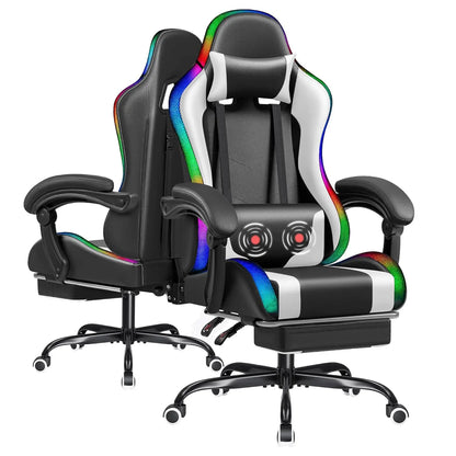 Gaming Chair with RGB LED Lights, Video Game Chair with Footrest and Massage Lumbar Support, High Back Reclining, Customized