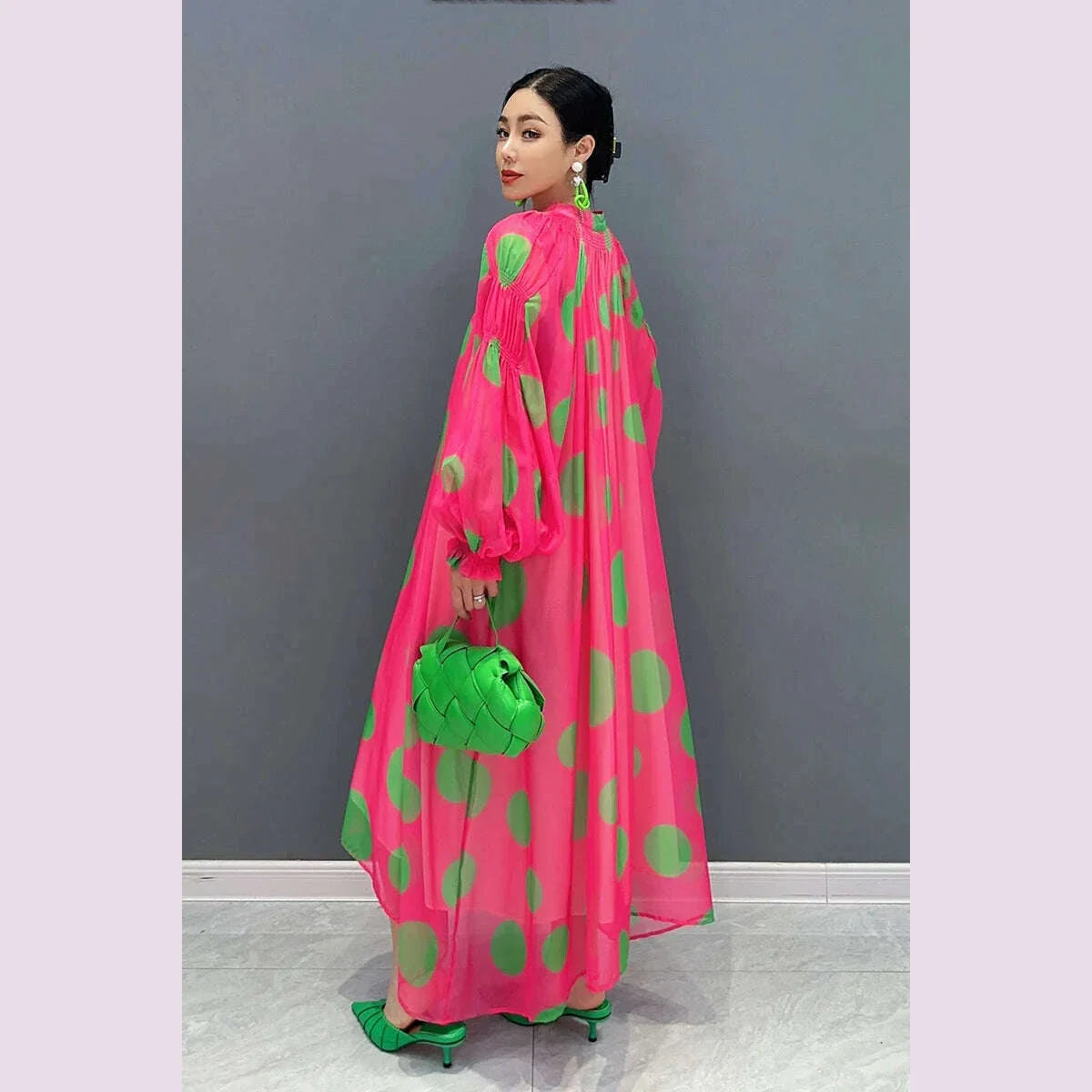 Vefadisa 2025 Summer New Dress Chiffon Printed Polka Dot Puff  Sleeves V-neck Long Dress Loose And Elegant HLX007