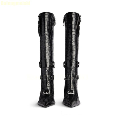 2025 New Stiletto High Heels Crocodile Pattern Boots Fashion B Button Motorcycle Pointed Toe Boots Womens Black Knee-High Boots