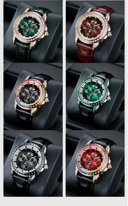 OBLVLO Men's Fashion Automatic Watch Colorful Zircon Moonphase Mechanical Multifunctional Black Leather Strap Timepiece...