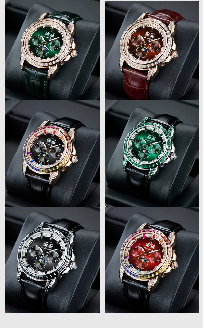 OBLVLO Men's Fashion Automatic Watch Colorful Zircon Moonphase Mechanical Multifunctional Black Leather Strap Timepiece...