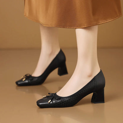 【JOCHEBED HU】New Fashion Hollow Out Women Pumps Square Toe Summer Shoes Chunky Heels Handmade Genuine Leather Shoes 33-43 - Kimlud