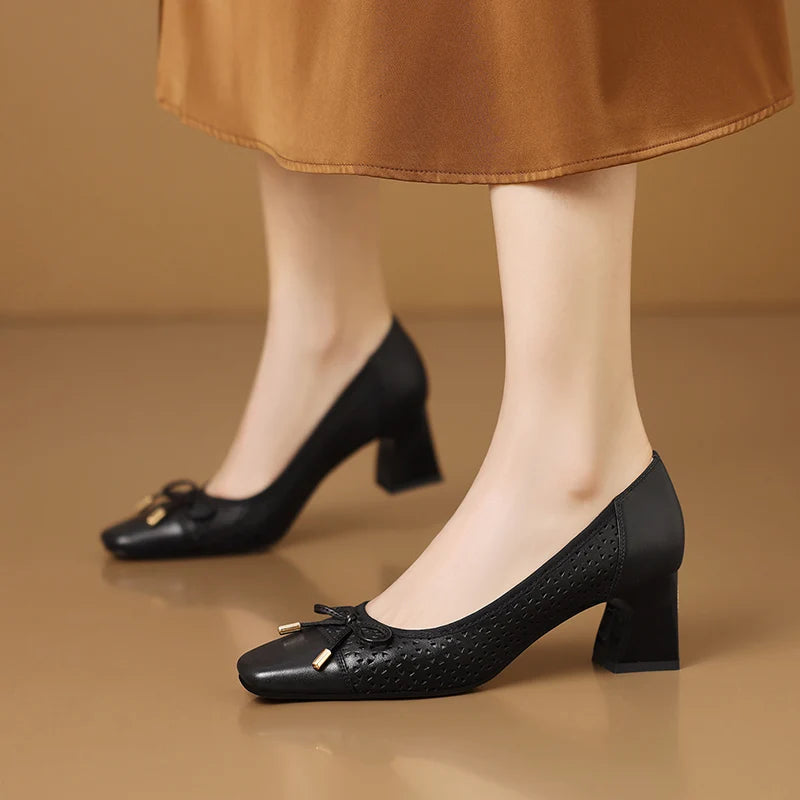 【JOCHEBED HU】New Fashion Hollow Out Women Pumps Square Toe Summer Shoes Chunky Heels Handmade Genuine Leather Shoes 33-43 - Kimlud