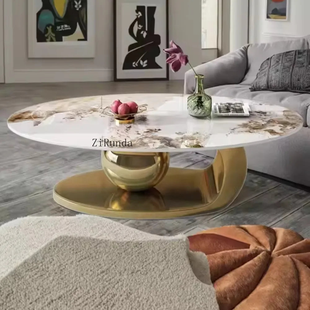 Gold oval coffee table set, sintered stone and marble living room furniture coffee table - Kimlud