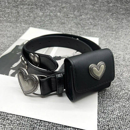 No Buckle Women Casual PU Leather Belt Retro Heart Design Black Small Square Waist Bag Ins Style Summer Versatile Accessory - Kimlud