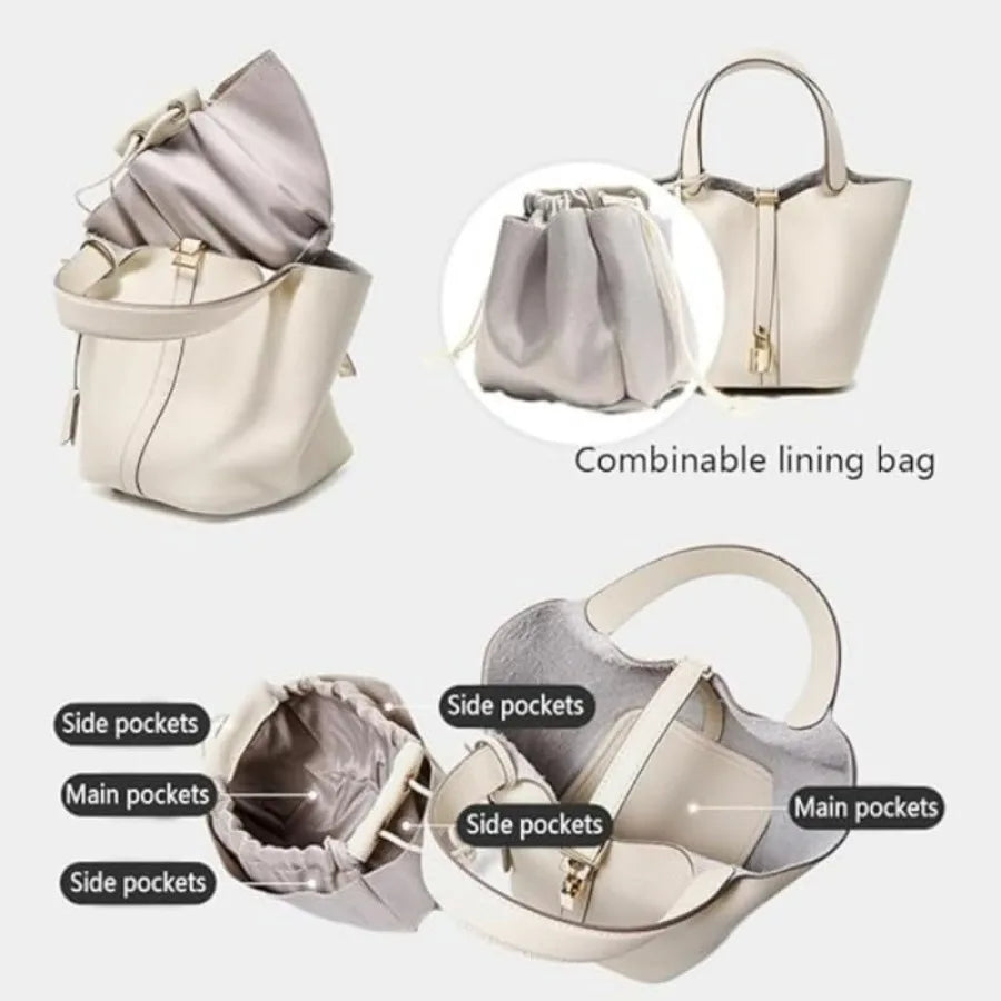 Genuine Leather Bucket Bag for Women: Lock Design Shoulder Handbag Versatile Top-Handle Tote Fashionable Vegetable...