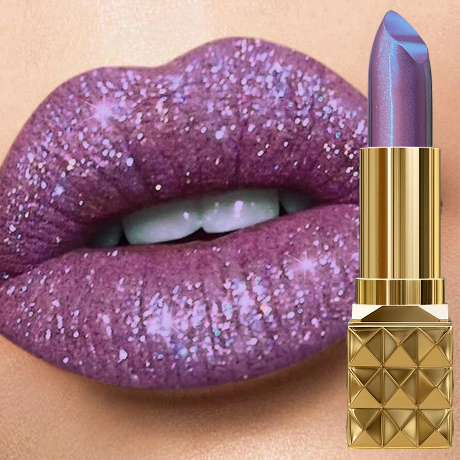 1PC Sexy Color Glitter Lipstick Flash Lasting Easy Color Diamond Lip Tint Shiny Metallic Lip Makeup Gifts for Women Lip Gloss