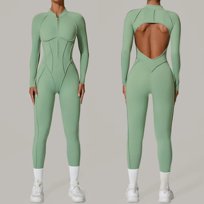 Padded Women Long Sleeve Sport Yoga Jumpsuit Workout Clothes for Women Sportwear Backless Zipper Fitness Gym Outfit