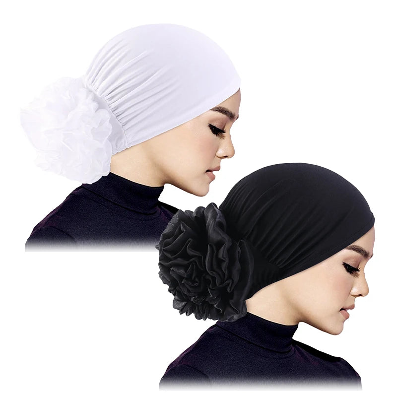 Women's Hijabs Turban Big Flower Elastic Cloth Hair Bands Hat Beanie Ladies Muslim Solid Hair Loss Scarf Cap Hair Accessories