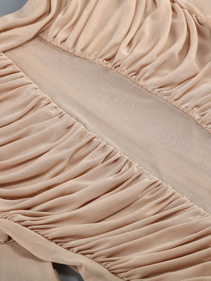 Sexy Long Sleeve Tulle Sheer Gathered Maxi Dress for Women Beige O Neck Mesh Folds See Though Slim Runway Evening Party...