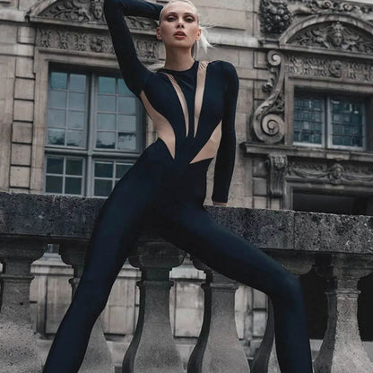 Sexy Mesh Hollow Patchwork Jumpsuit Long Sleeves Game Cosplay Bodysuit Women Performance Dance Costume Party Outfit