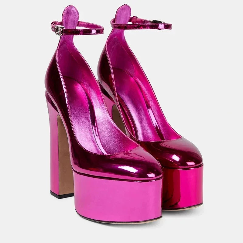 Europe And America Ultra High Heels Platform Women's Sandals Round Toe Crude Heel Female Pumps Patent Leather Lady Single Shoes - Kimlud