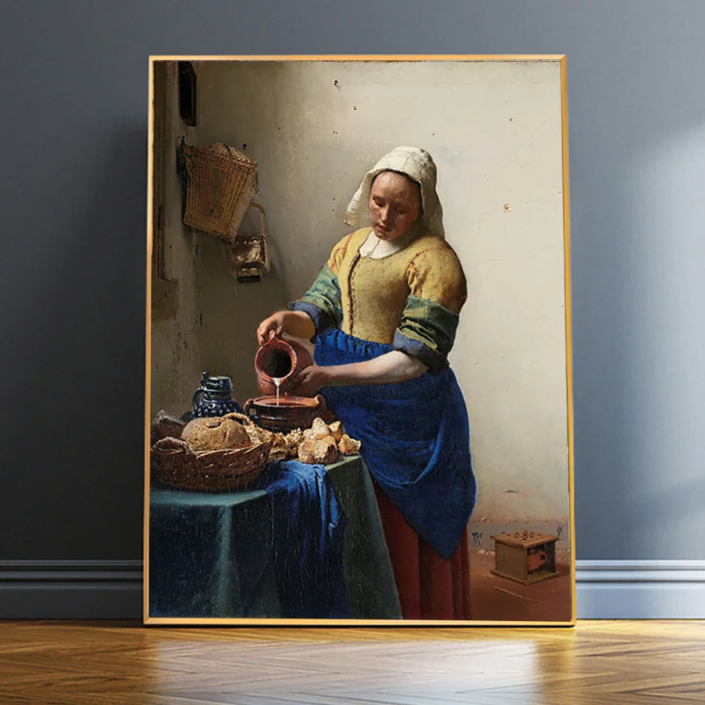 The Milkmaid By Johannes Vermeer Woman Famous Canvas Oil Painting Posters and Prints Wall Art Picture Living Room Decor Cuadros