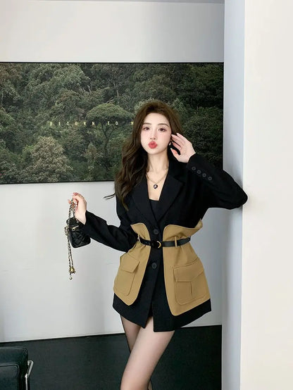 Original Design Blazer Women Fashion New Loose Spliced Pocket Korean Shrug Notched Single Breasted Blazer Mujer Femal...