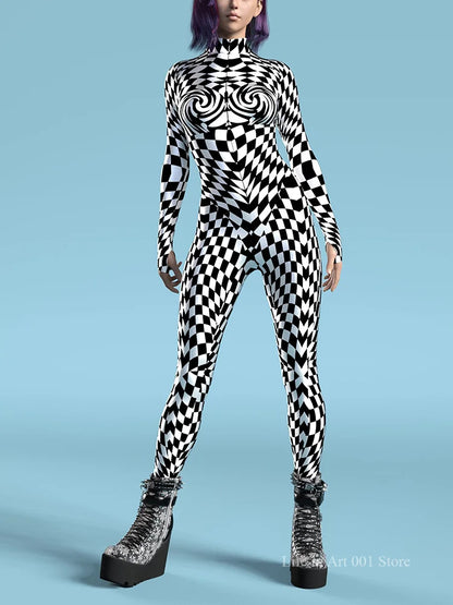 Black and White Pattern Zentai Suit Halloween Cosplay Morphsuit Women Rave Bodysuits Jumpsuits Tights Carnival Party Masquerade
