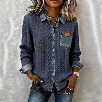 Women knit Denim Shirt Coat Overshirt Vintage Blouse Single Breasted Turn Down Collar Pockets Washed 2025 Office Lady Top Jacket - Kimlud
