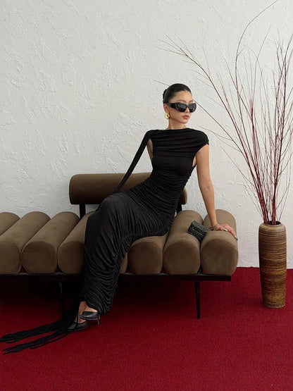 Sexy O Neck Tassel Patchwork Folds Long Dress Women Black Sleeveless Ruched Bodycon Slim Dresses Celebrity Evening Party...