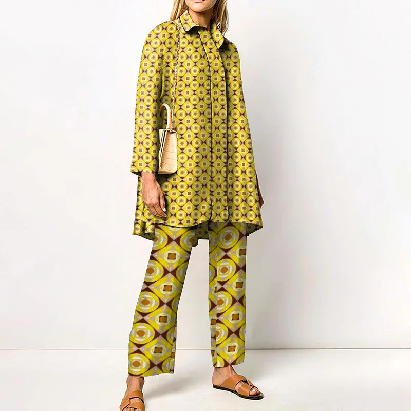 Autumn New Vintage Printed Pant Sets Women Long Shirts And Wide Legs Trousers Two Piece Set Fashion Trendy Streetwear Lady Suits