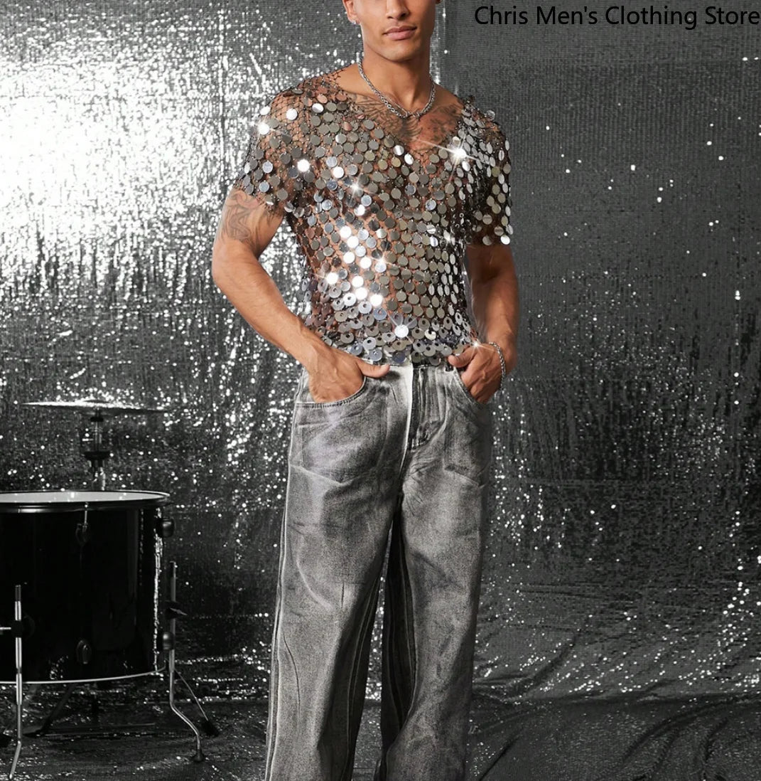 Men's Shiny Transparent Net-silk Sequin Short-sleeved Shirt, Suitable for Festival Disco Shoots and Stage Performances. - Kimlud