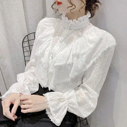 Long Sleeve Loose Spring Fashion Button White Shirt Elegant Stand Collar Pleated Tops Casual Ruffle Lace Blouse Blusas 15832 - Kimlud