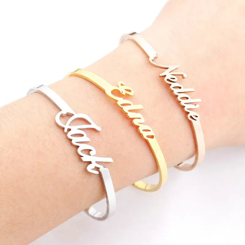 18k Custom Engraved Bracelet Numeral Name Message Bangle Titanium Steel Gold Silver Adjustable Women's Cuff Mother's Day Gift