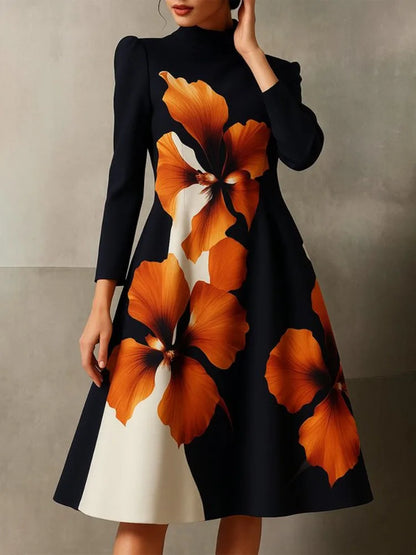 Yeezzi Women's Elegant Stand Collar A-Line Party Dress 2026 New Vintage Floral Printed Midi Dresses For Evening Office...