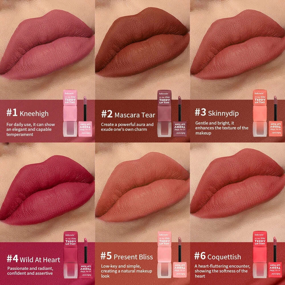 lakerain 6 colors matte teddy lip gloss lasting color waterproof not easy to take off makeup non-stick cup lip gloss