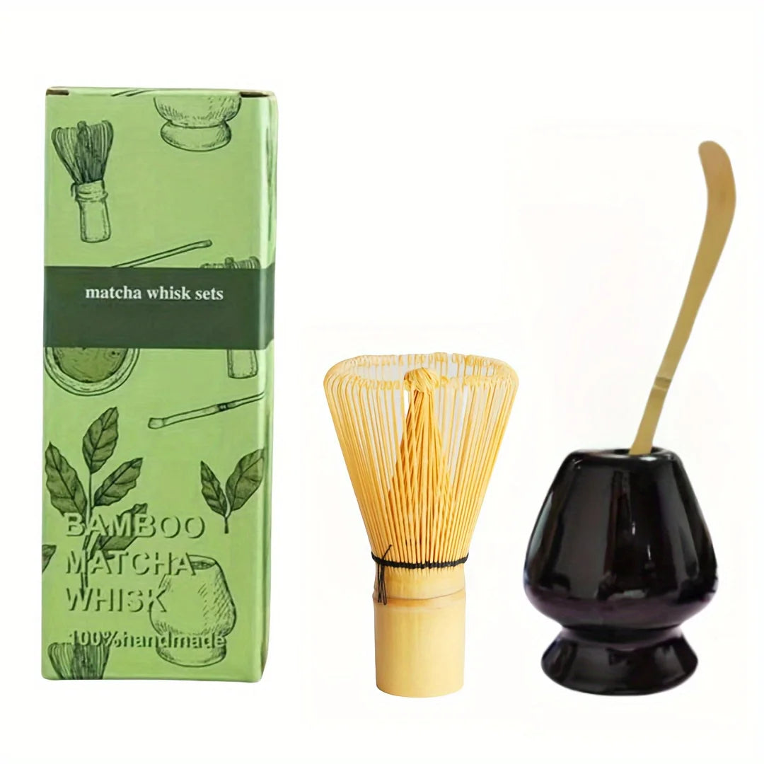 3pcs/set Matcha Set Bamboo Whisk Tea spoon Ceramic fittings Matcha Whisk (Chasen) Tea Spoon And Scoop (Chashaku) Tea-making Tool