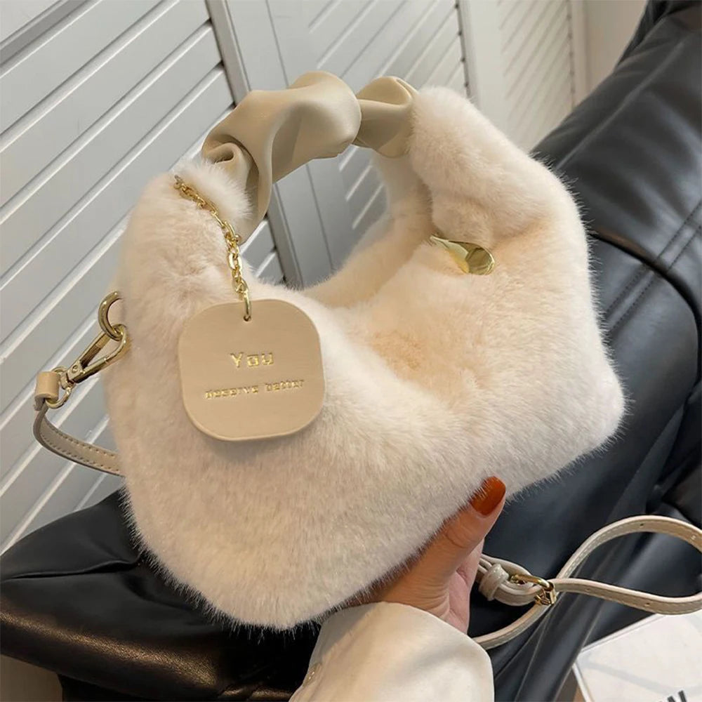 Fashionable Cute Plush Crossbody Bag for Women's Solid Color Soft Fluffy  Handbag Autumn Winter Soft Plush Shoulder Bag