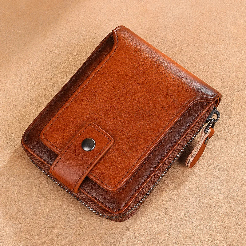 Vintage top layer cowhide anti-theft brush, anti demagnetization 2 large cash slots, buckle zipper wallet, large...