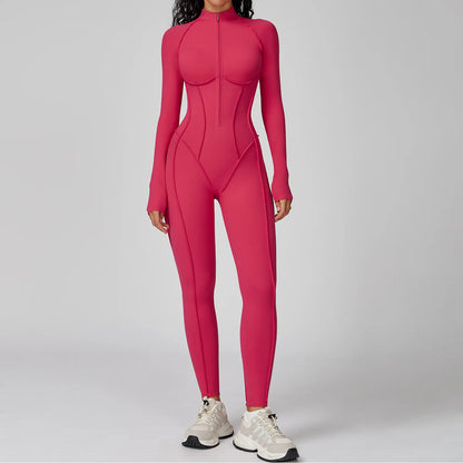 Women Yoga Bodysuit Long Sleeved Tracksuits Gym Zipper Jumpsuits Sports One Piece Workout Bodycon Jumpsuits Tights Suit - Kimlud