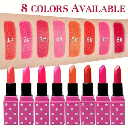 8 Colors Super Cute Girls Lipstick, Pink Polka Dots Design Long Lasting Non-fading Waterproof Velvet Lip Color, Non-Stick Cup